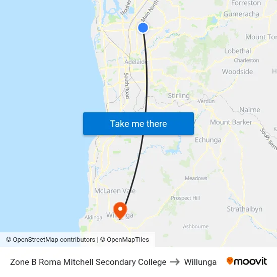 Zone B Roma Mitchell Secondary College to Willunga map