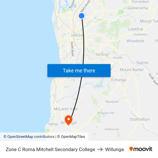 Zone C Roma Mitchell Secondary College to Willunga map