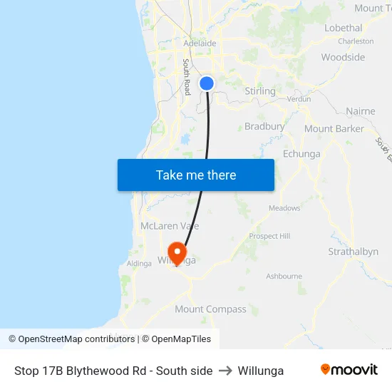 Stop 17B Blythewood Rd - South side to Willunga map