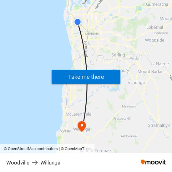 Woodville to Willunga map