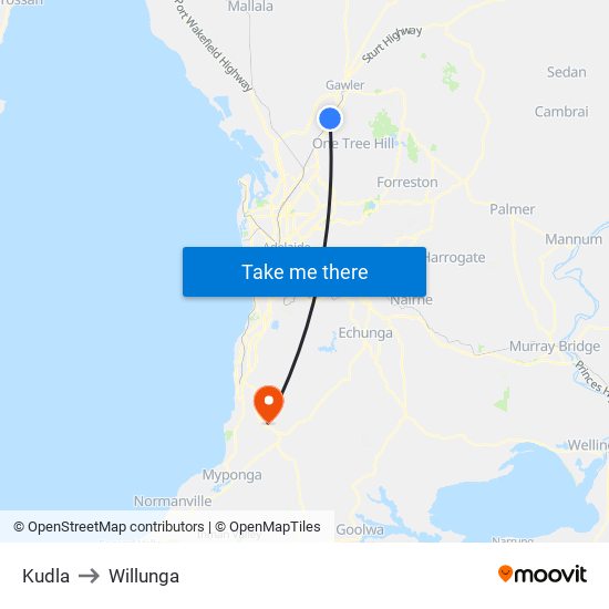 Kudla to Willunga map