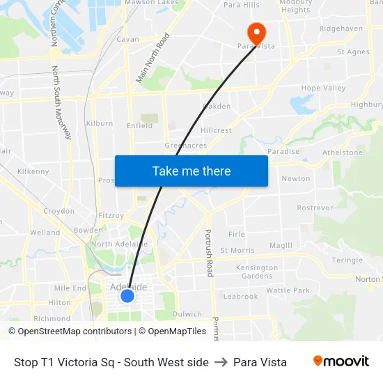 Stop T1 Victoria Sq - South West side to Para Vista map