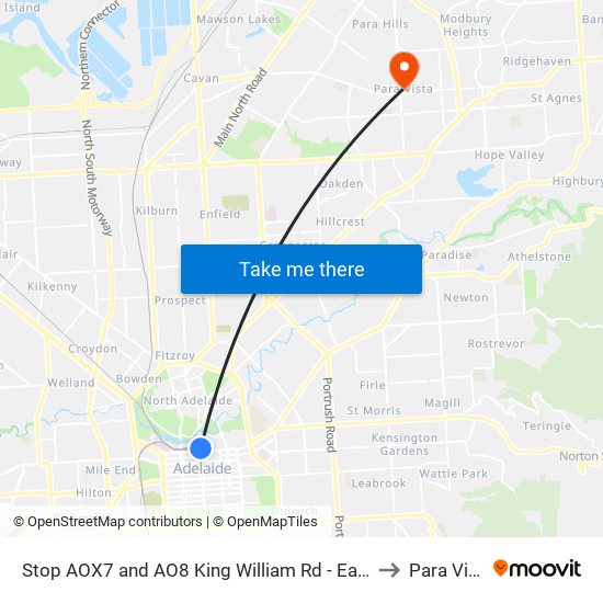 Stop AOX7 and AO8 King William Rd - East side to Para Vista map