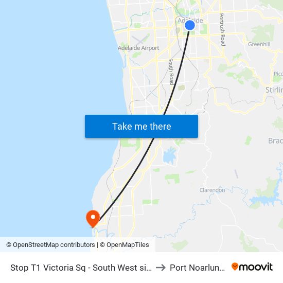 Stop T1 Victoria Sq - South West side to Port Noarlunga map