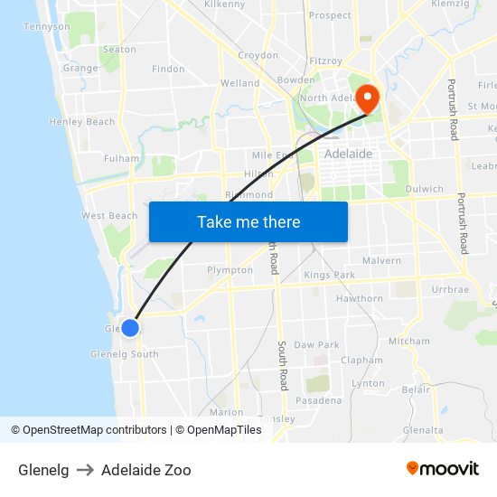 Glenelg to Adelaide Zoo map