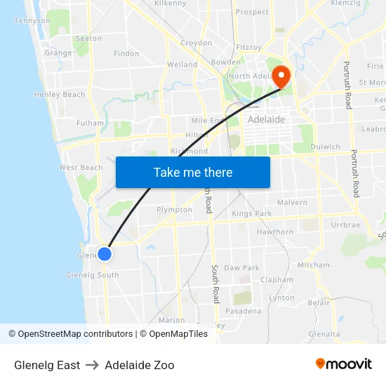 Glenelg East to Adelaide Zoo map