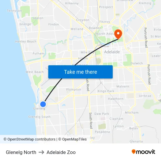 Glenelg North to Adelaide Zoo map