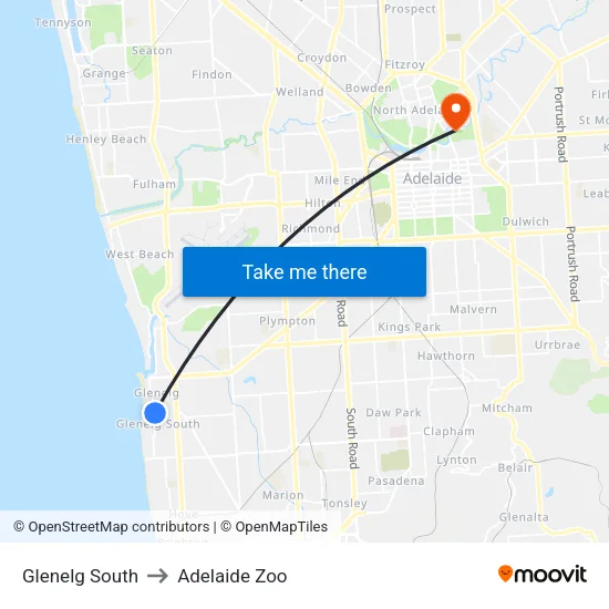 Glenelg South to Adelaide Zoo map