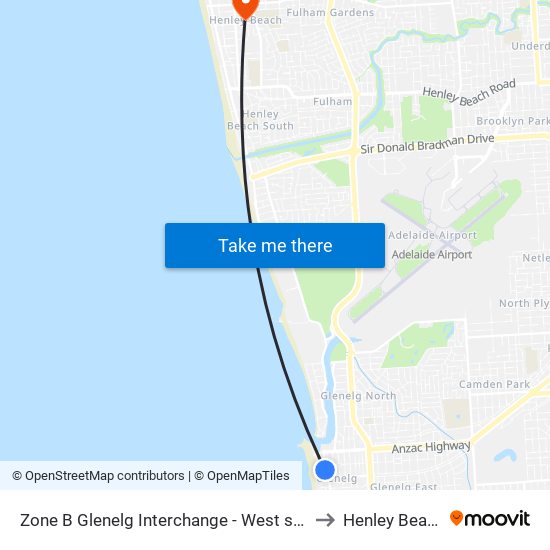 Zone B Glenelg Interchange - West side to Henley Beach map