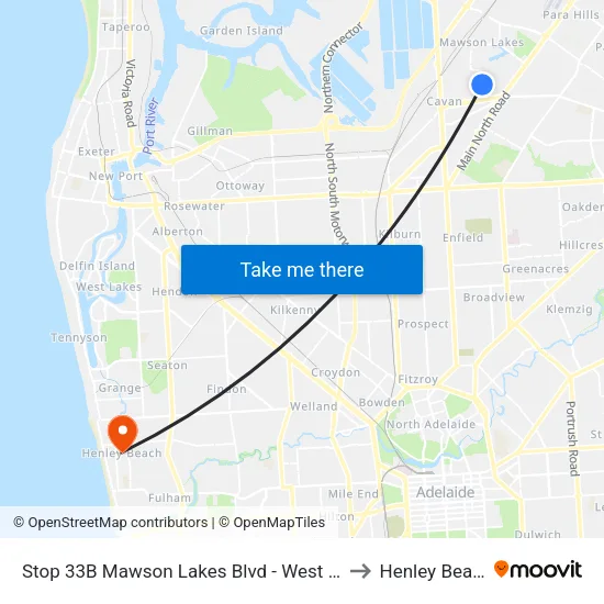 Stop 33B Mawson Lakes Blvd - West side to Henley Beach map