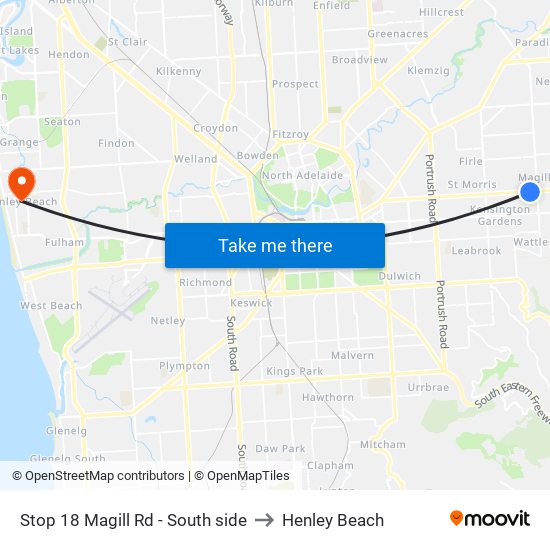 Stop 18 Magill Rd - South side to Henley Beach map