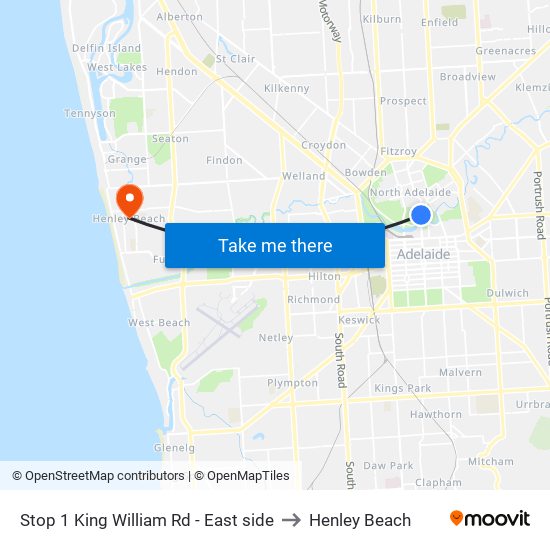 Stop 1 King William Rd - East side to Henley Beach map