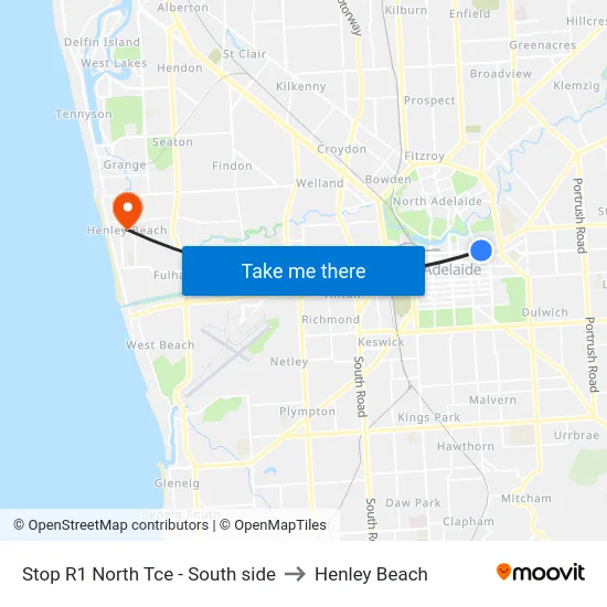 Stop R1 North Tce - South side to Henley Beach map