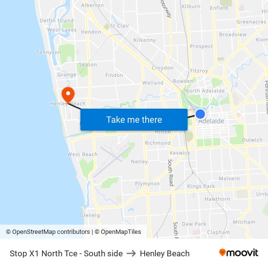 Stop X1 North Tce - South side to Henley Beach map