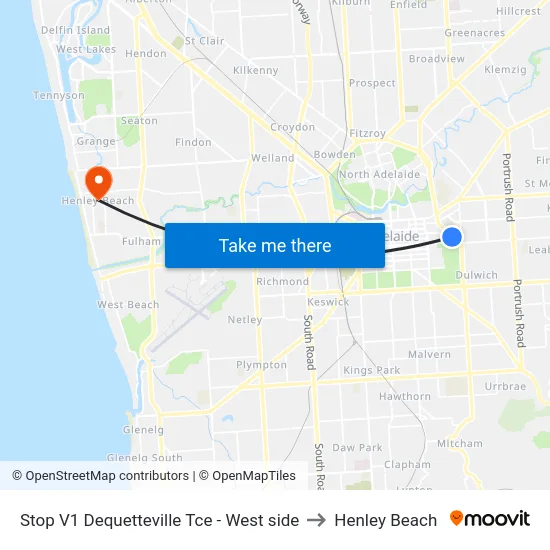 Stop V1 Dequetteville Tce - West side to Henley Beach map