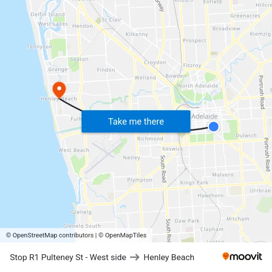 Stop R1 Pulteney St - West side to Henley Beach map