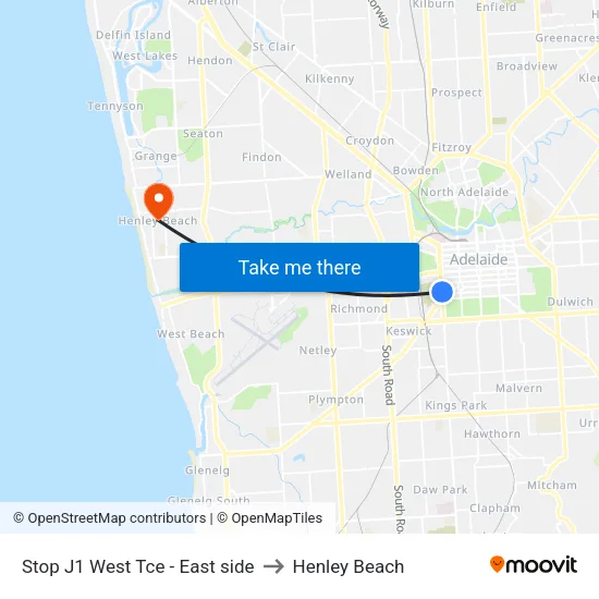 Stop J1 West Tce - East side to Henley Beach map