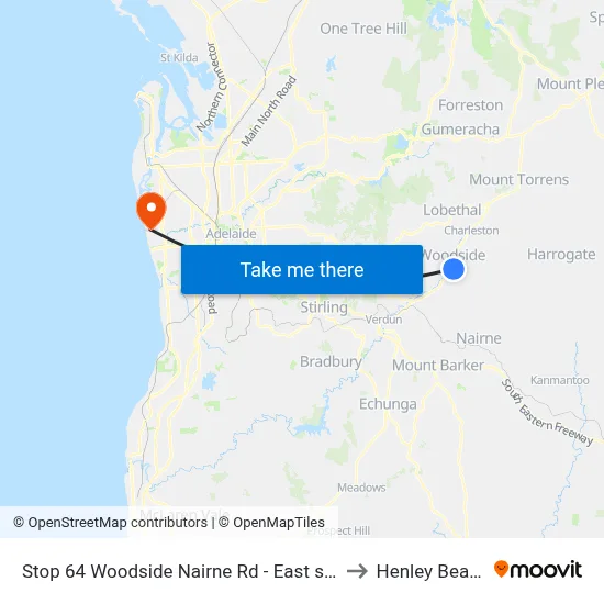 Stop 64 Woodside Nairne Rd - East side to Henley Beach map