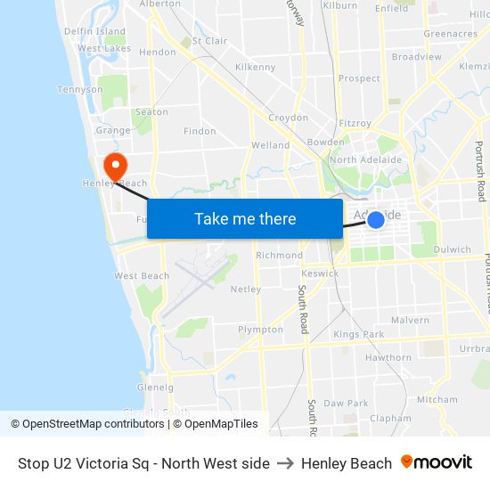 Stop U2 Victoria Sq - North West side to Henley Beach map