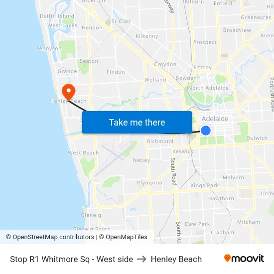 Stop R1 Whitmore Sq - West side to Henley Beach map