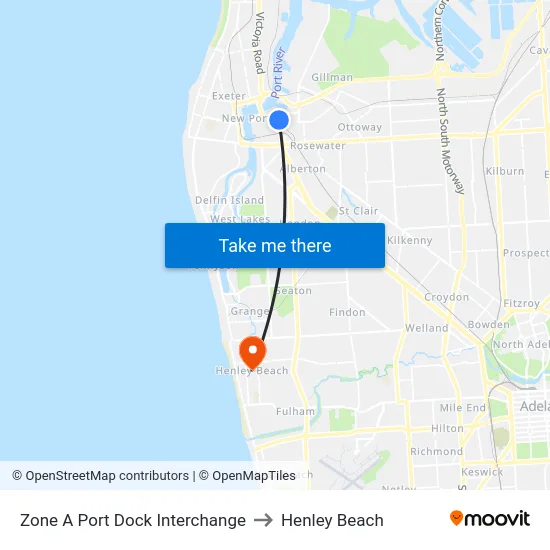 Zone A Port Dock Interchange to Henley Beach map