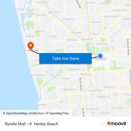 Rundle Mall to Henley Beach map