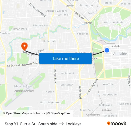 Stop Y1 Currie St - South side to Lockleys map
