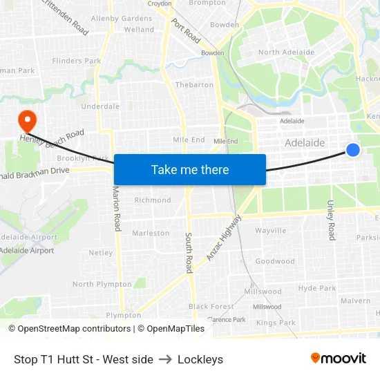 Stop T1 Hutt St - West side to Lockleys map