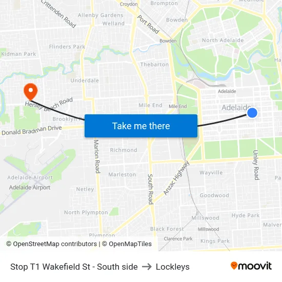 Stop T1 Wakefield St - South side to Lockleys map
