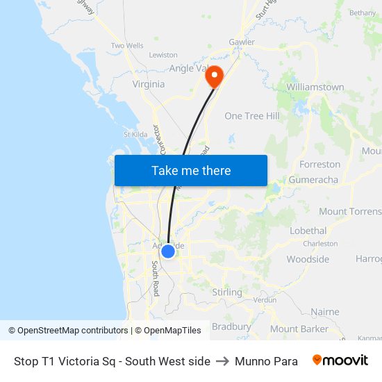 Stop T1 Victoria Sq - South West side to Munno Para map