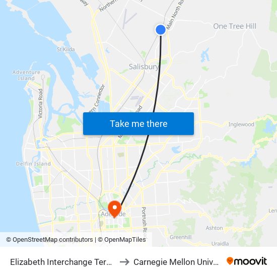 Elizabeth Interchange Terminus to Carnegie Mellon University map