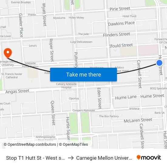 Stop T1 Hutt St - West side to Carnegie Mellon University map