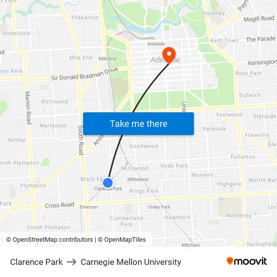 Clarence Park to Carnegie Mellon University map