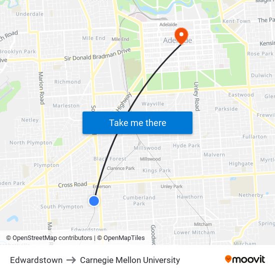 Edwardstown to Carnegie Mellon University map