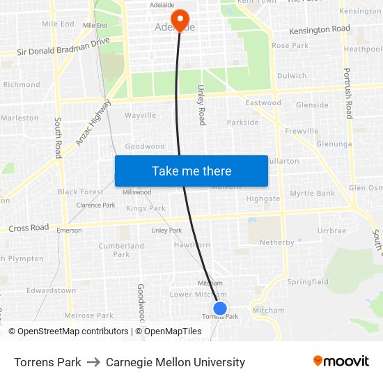 Torrens Park to Carnegie Mellon University map