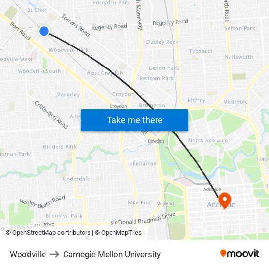 Woodville to Carnegie Mellon University map