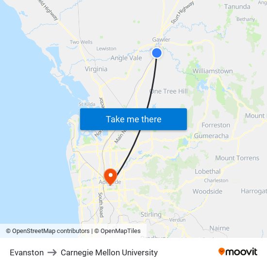 Evanston to Carnegie Mellon University map