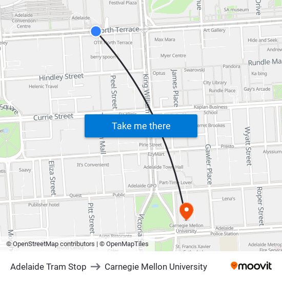 Adelaide Tram Stop to Carnegie Mellon University map