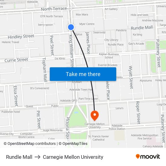 Rundle Mall to Carnegie Mellon University map