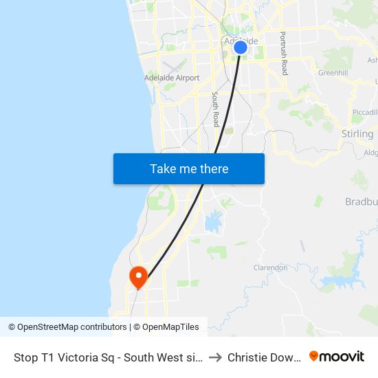 Stop T1 Victoria Sq - South West side to Christie Downs map