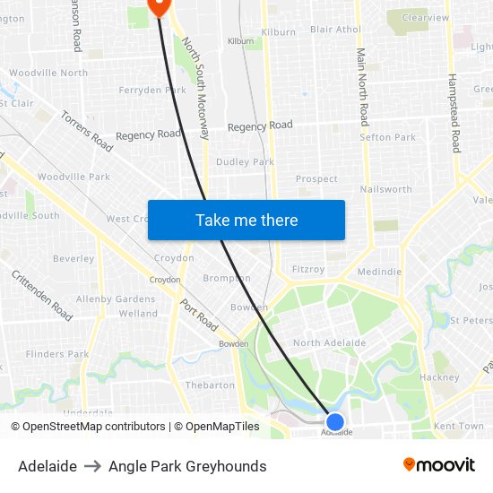 Adelaide to Angle Park Greyhounds map