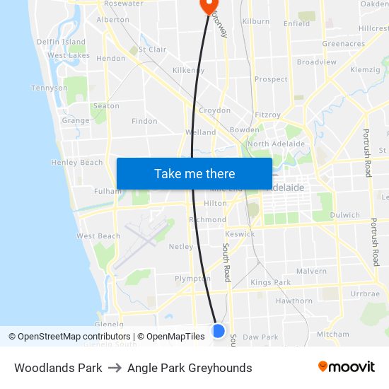 Woodlands Park to Angle Park Greyhounds map