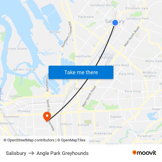 Salisbury to Angle Park Greyhounds map