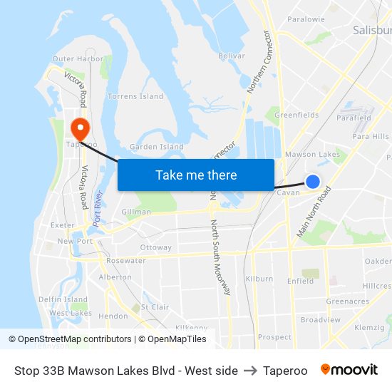 Stop 33B Mawson Lakes Blvd - West side to Taperoo map