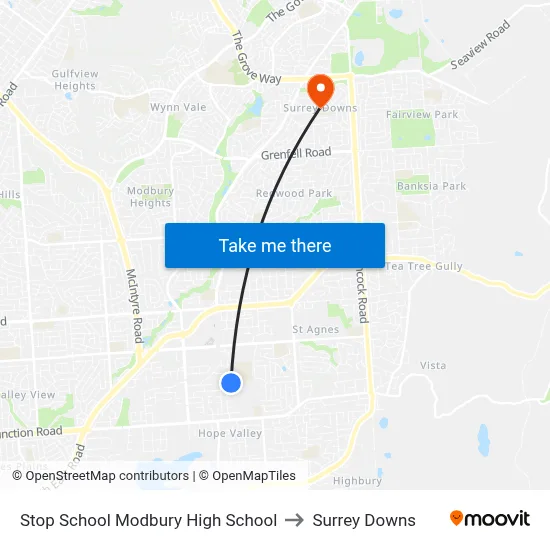 Stop School Modbury High School to Surrey Downs map