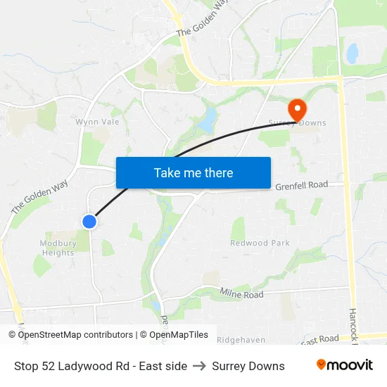 Stop 52 Ladywood Rd - East side to Surrey Downs map
