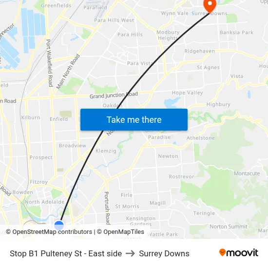 Stop B1 Pulteney St - East side to Surrey Downs map