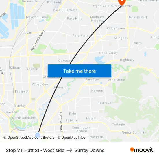 Stop V1 Hutt St - West side to Surrey Downs map
