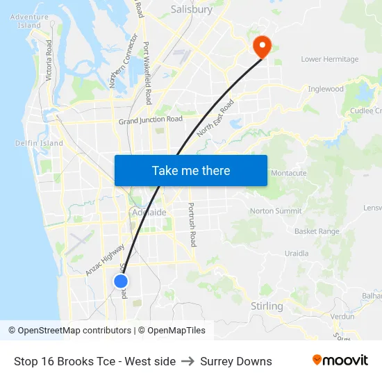 Stop 16 Brooks Tce - West side to Surrey Downs map