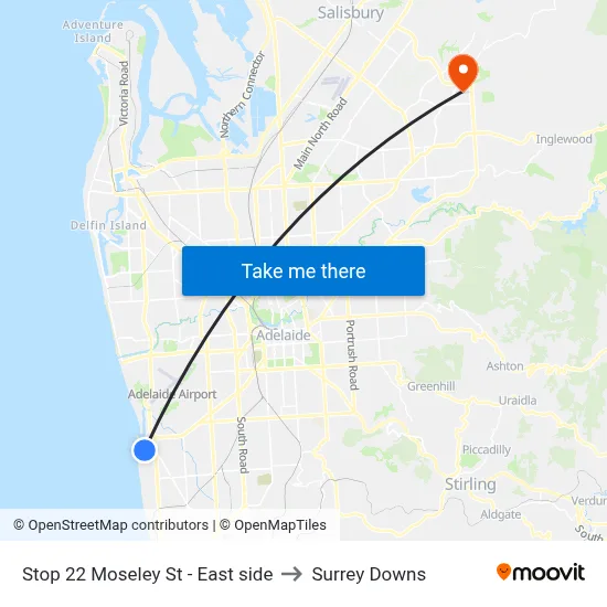 Stop 22 Moseley St - East side to Surrey Downs map